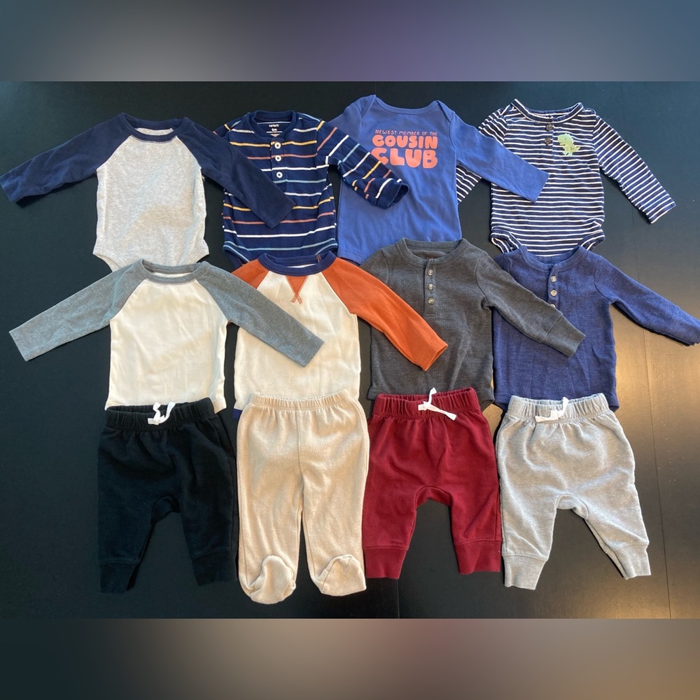 12 Piece Boy Mix and Match Long Sleeve Onsie and Sweatpant Set 3-6 Months